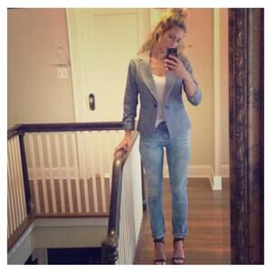 Gibson Womens Linen Cotton Blend Tailored Blazer S Blue Beachy Preppy Coastal